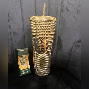 Starbucks gold studded 24 oz tumbler and matching cold cup ornament key chain